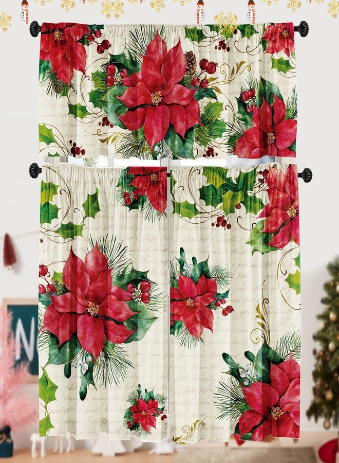 SUNWISHA Poinsettia Christmas Curtain Valances Set, Upper & Lower Curtains,52'' L x 18'' W & 36'' L x 26'' W, Holiday Bedroom Decoration, Kitchen Windows Decor, 3 Piece Set, Red - Image 1